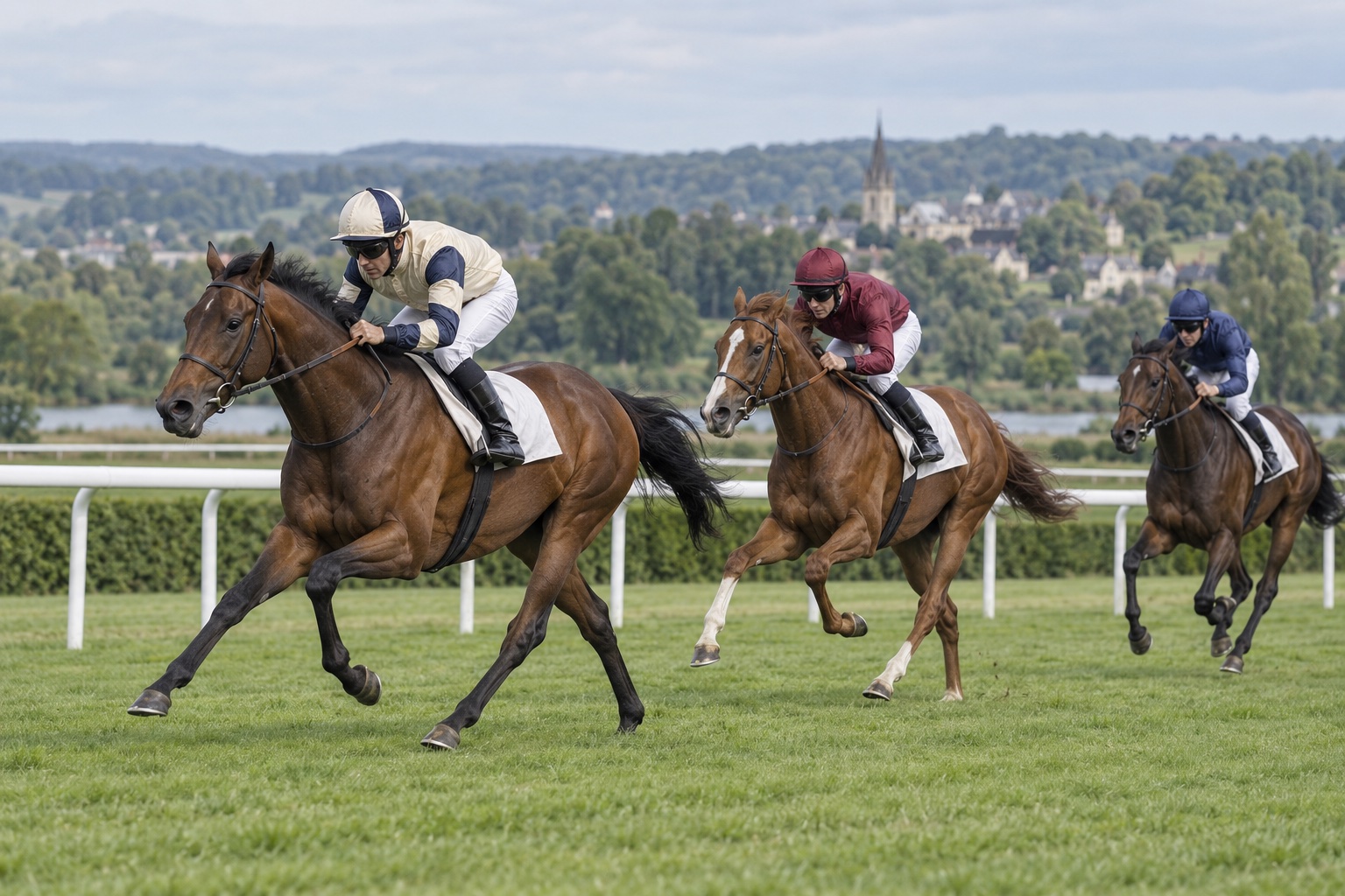 Illustration générée de trois chevaux de course et de leurs jockeys adultes sur une piste en herbe.